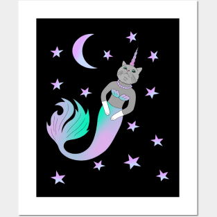 A cute kawaii caticorn mermaid in the sky Posters and Art